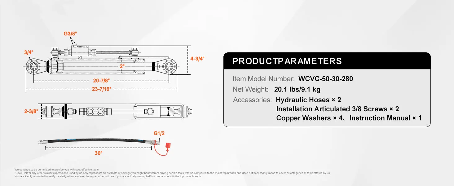 SucceBuy Hydraulic Top Link Cat.1-1 Hydraulic Cylinder with 2 Hoses&G3/8" Check Valve High-Sealing Check Valve Easy Installation