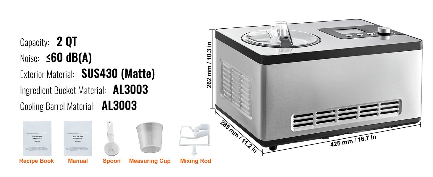 SucceBuy Automatic Ice Cream Maker with Built-in Compressor 2 Quart No Pre-freezing Fruit Yogurt Machine Electric Sorbet Maker