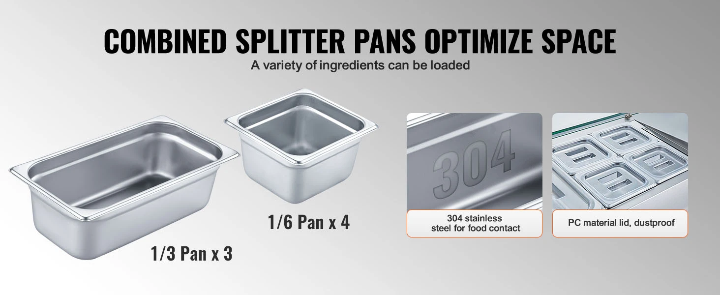 SucceBuy Refrigerated Condiment Prep Station with 3 1/3 Pans & 4 1/6 Pans 304 Stainless Body and PC Lid with Glass Guard ETL