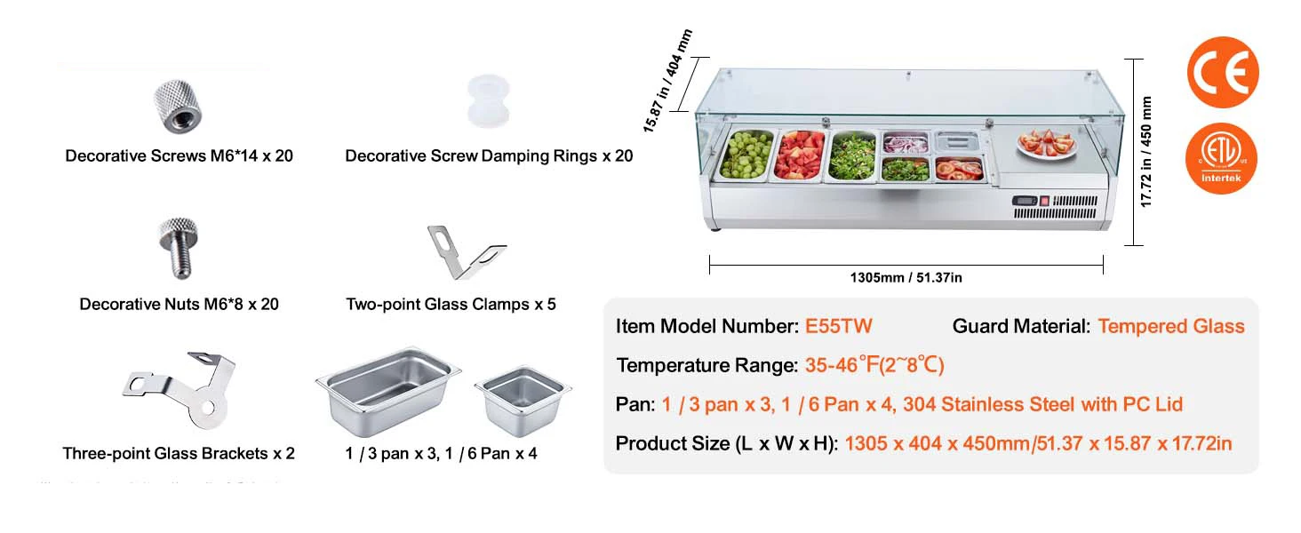 SucceBuy Refrigerated Condiment Prep Station with 3 1/3 Pans & 4 1/6 Pans 304 Stainless Body and PC Lid with Glass Guard ETL