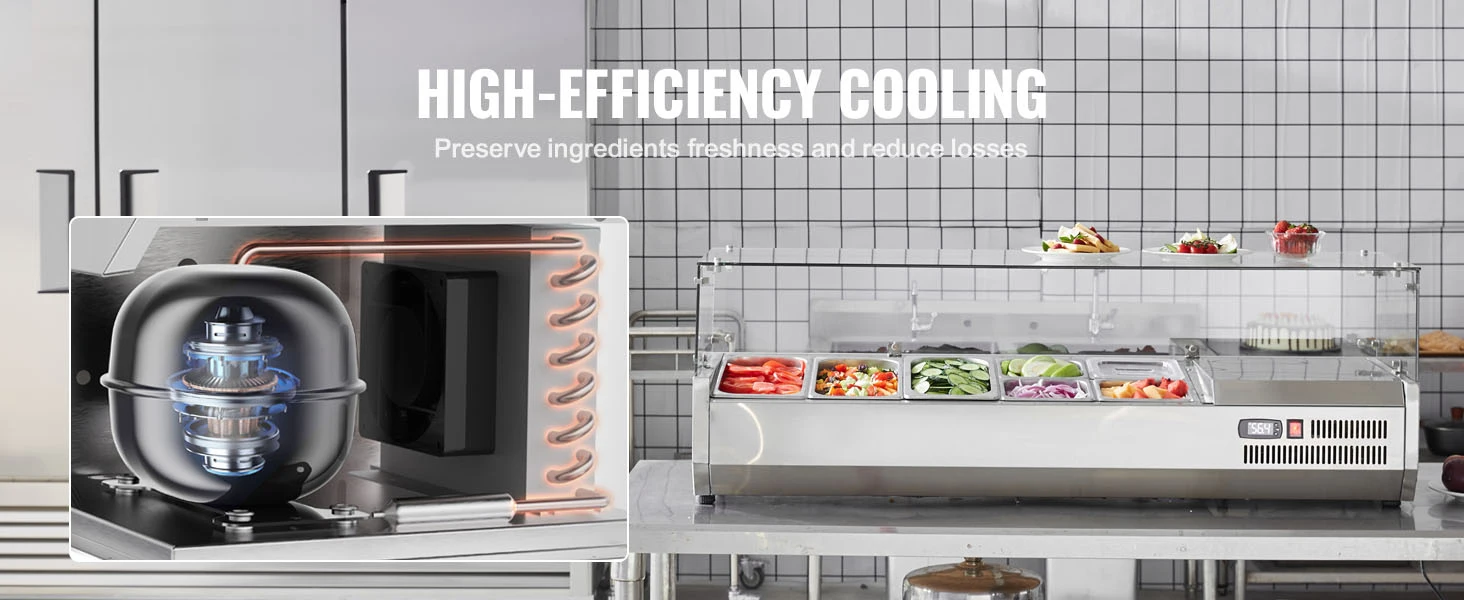 SucceBuy Refrigerated Condiment Prep Station with 3 1/3 Pans & 4 1/6 Pans 304 Stainless Body and PC Lid with Glass Guard ETL