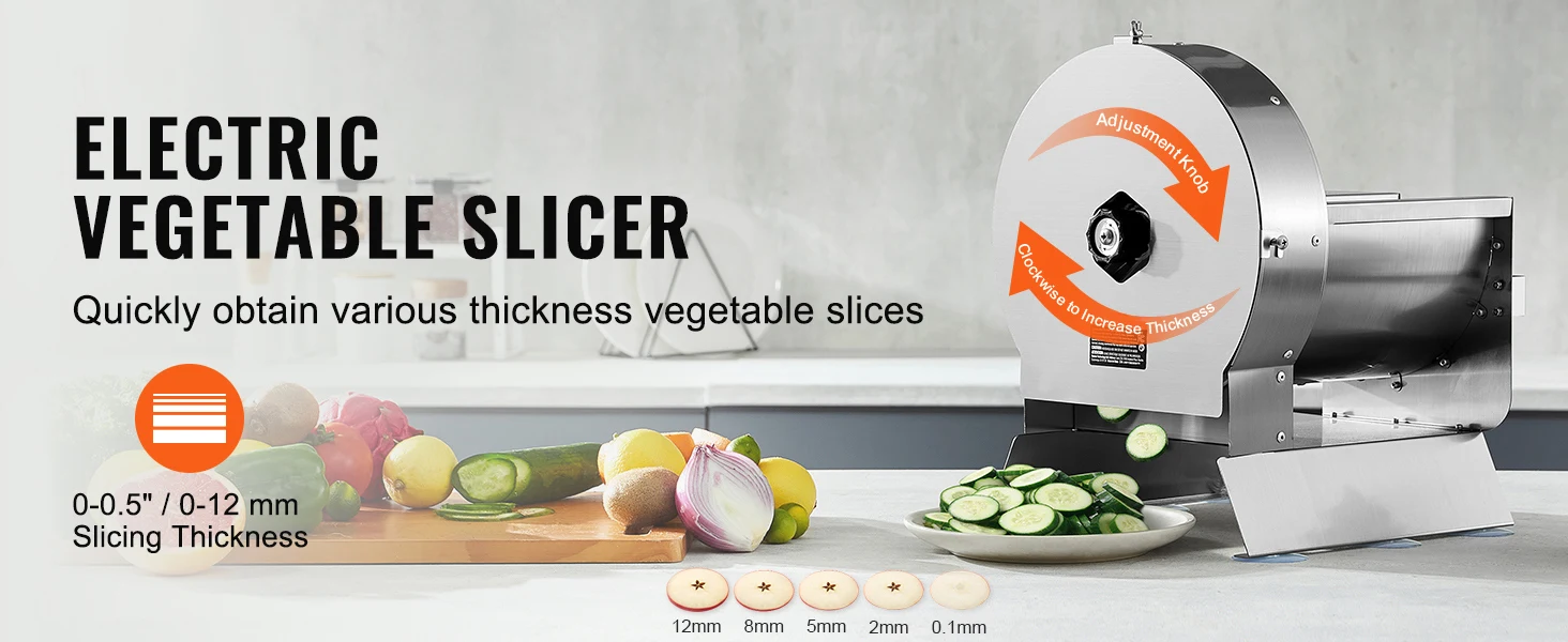 SucceBuy Electric Vegetable Slicer 0-12mm Thickness Adjustable Commercial Slicer Machine Stainless Steel Food Cutter Machine