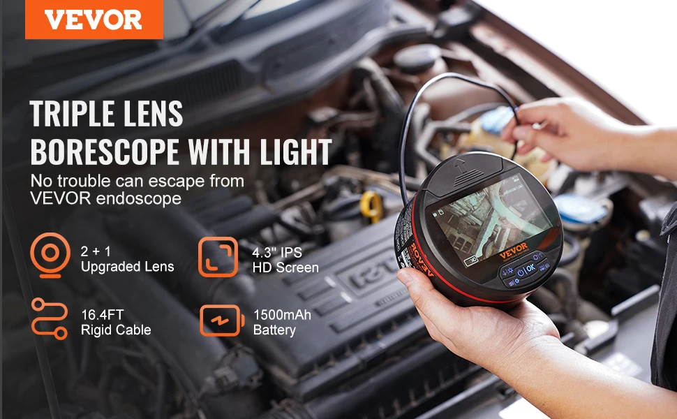 SucceBuy Triple Lens Endoscope Camera 4.3" IPS Screen Inspection Camera with IP67 Waterproof Borescope for Automotive Plumbing