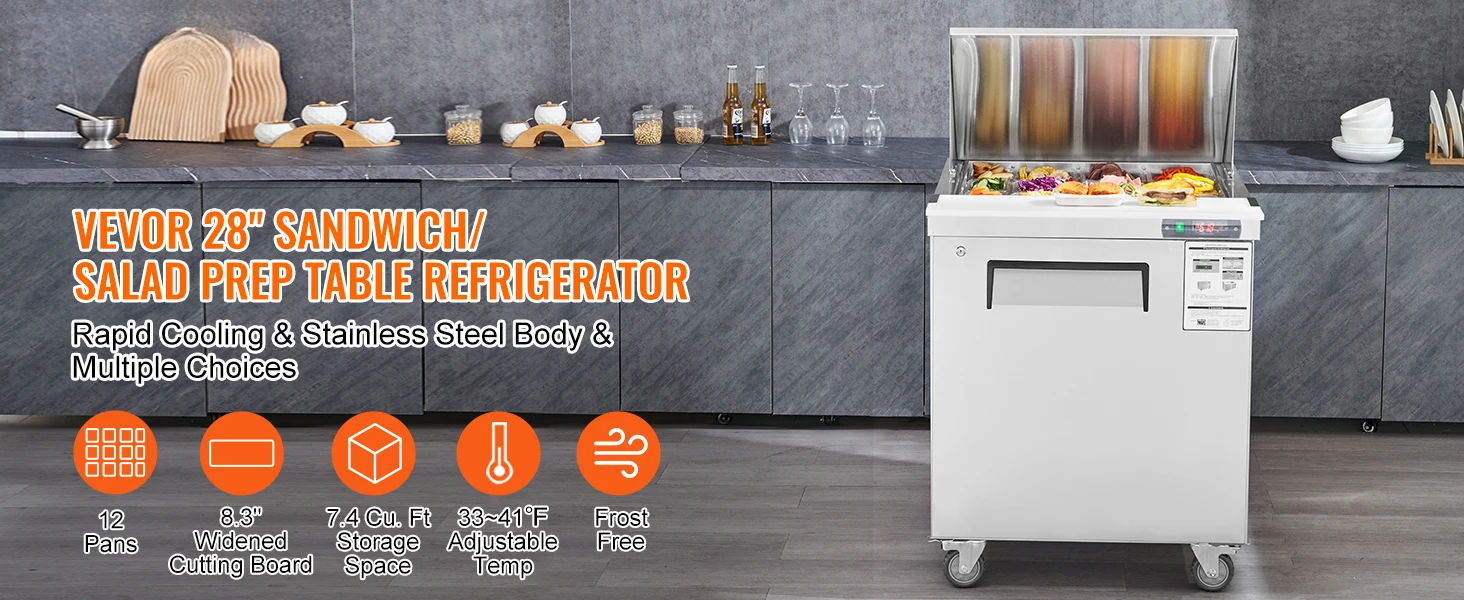 SucceBuy 28" Commercial Refrigerator Sandwich & Salad Prep Table 7.4 Cu. Ft Stainless Steel Refrigerated Food Prep Station