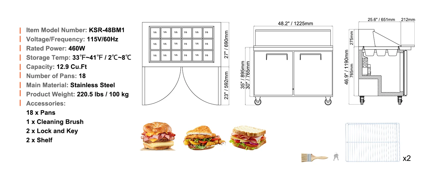 SucceBuy 28" Commercial Refrigerator Sandwich & Salad Prep Table 7.4 Cu. Ft Stainless Steel Refrigerated Food Prep Station