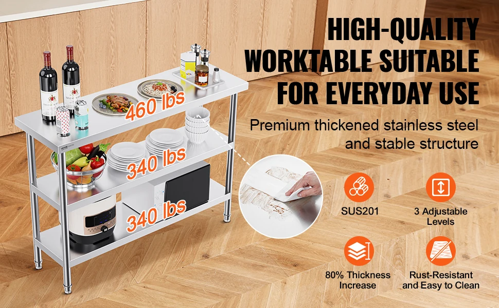 SucceBuy Stainless Steel Food Prep Table Commercial Kitchen Worktable W/Adjustable Undershelf Heavy Duty Prep Table Metal Table