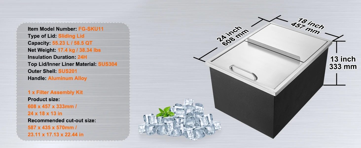 SucceBuy Drop in Ice Chest Stainless Steel Ice Cooler Commercial Ice Bin with Sliding Cover Outdoor Kitchen Ice Bar