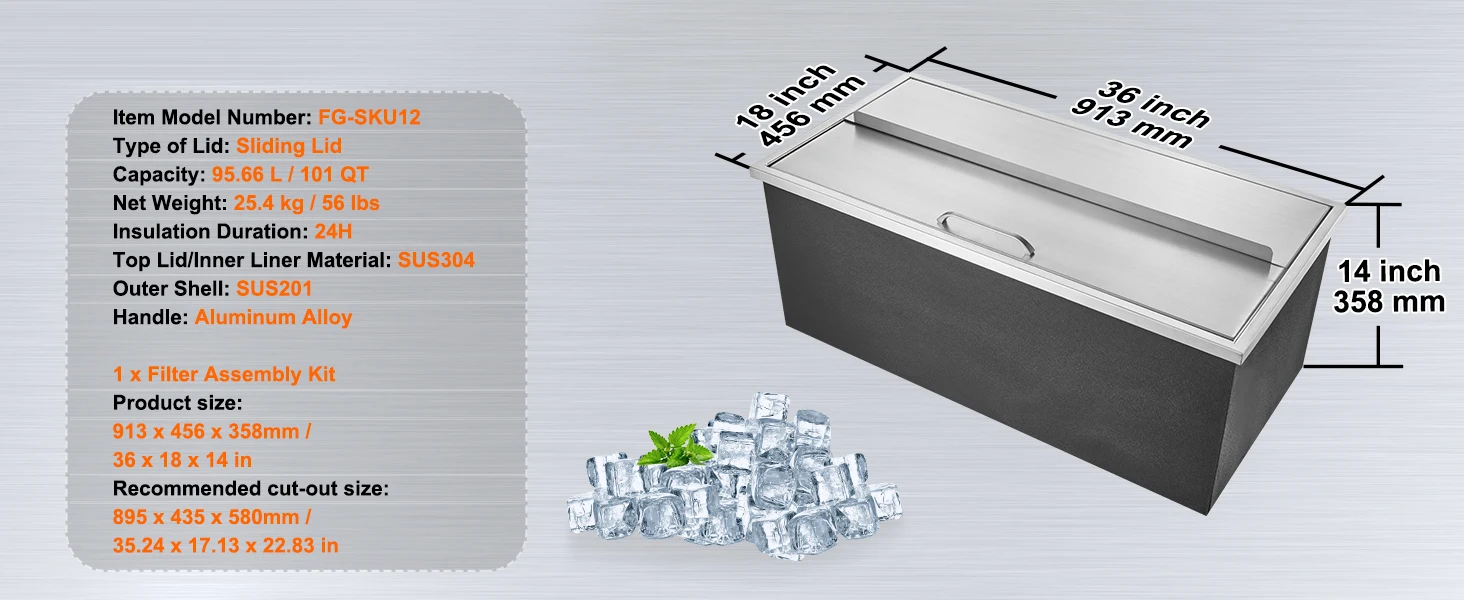 SucceBuy Drop in Ice Chest Stainless Steel Ice Cooler Commercial Ice Bin with Sliding Cover Outdoor Kitchen Ice Bar