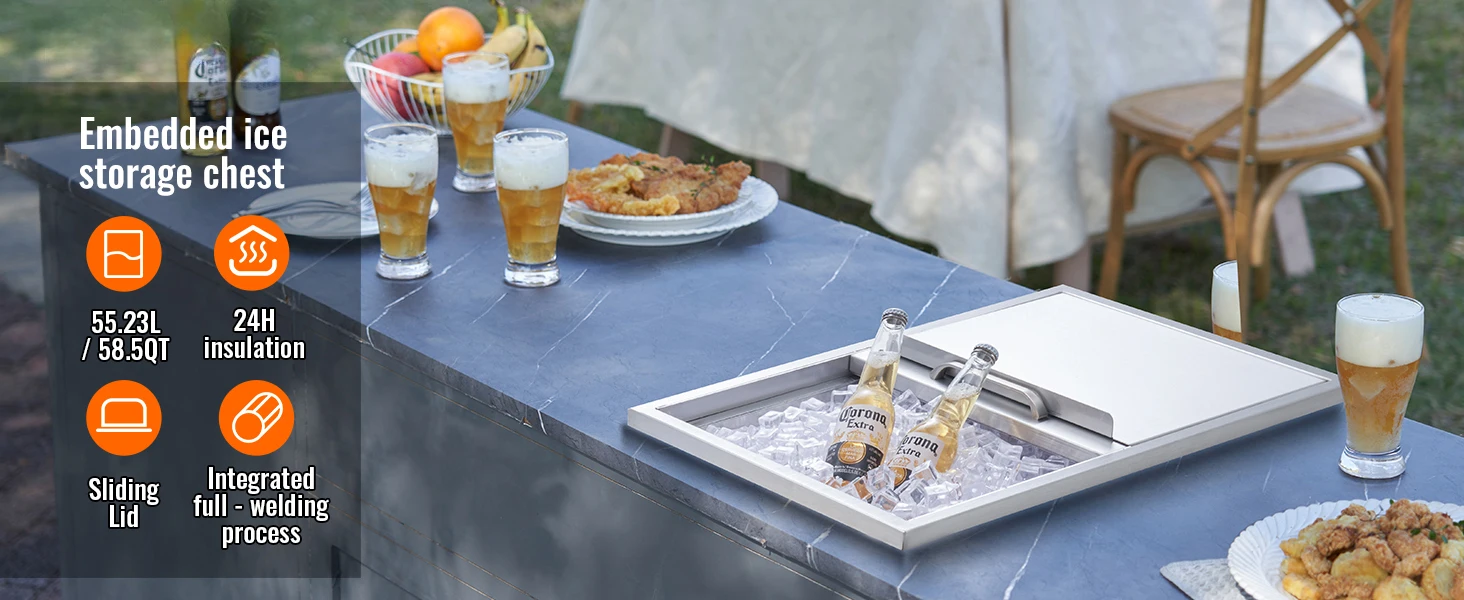 SucceBuy Drop in Ice Chest Stainless Steel Ice Cooler Commercial Ice Bin with Sliding Cover Outdoor Kitchen Ice Bar