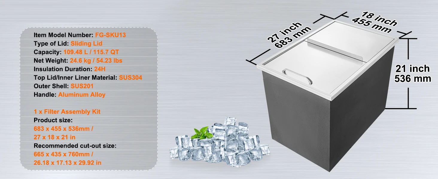 SucceBuy Drop in Ice Chest Stainless Steel Ice Cooler Commercial Ice Bin with Sliding Cover Outdoor Kitchen Ice Bar
