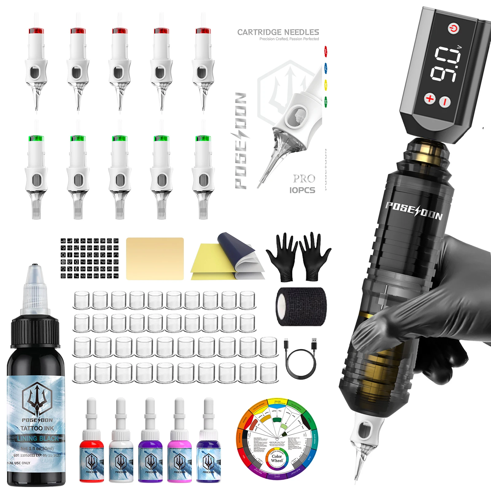 POSEIDON Tattoo Kit V6 Tattoo Needles Tattoo Pen Kit For Permanent Makeup Tattoo Machine Kit Hot Wireless Tattoo Power Supply