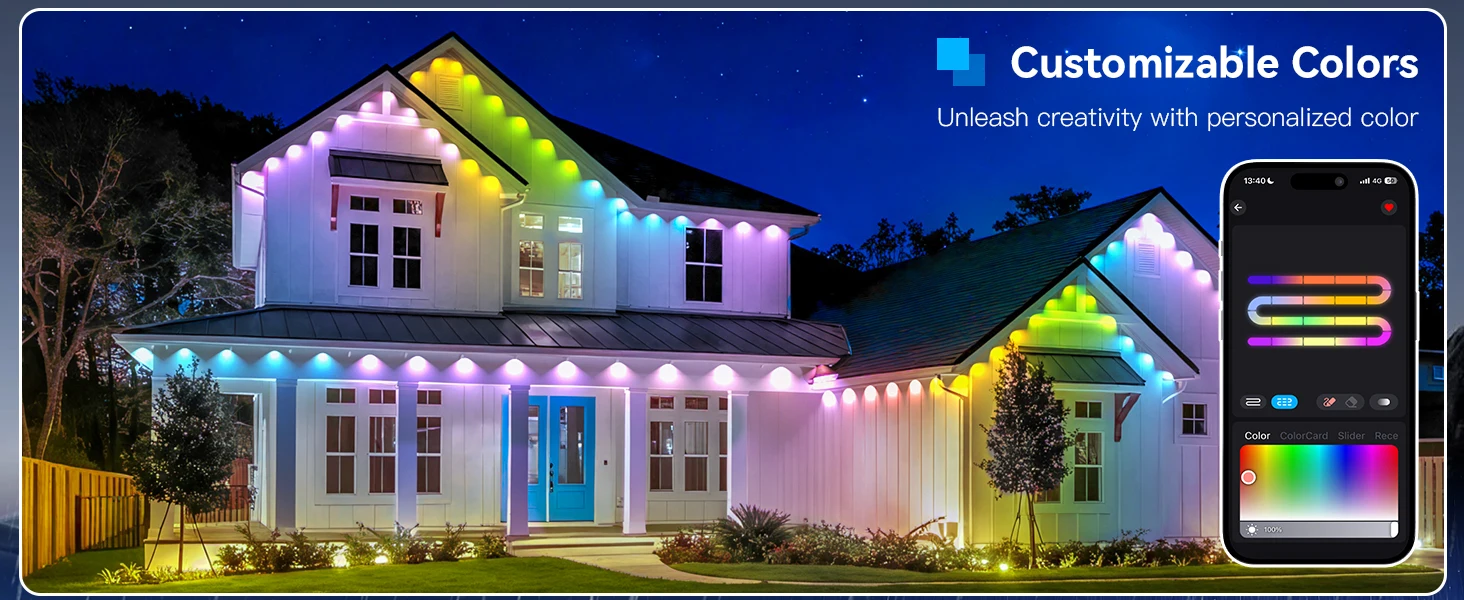 150ft 100ft 50ft Permanent Outdoor Lights Smart RGBIC Outdoor Lights with 75 Scene Modes String Lights with 90 LEDs for Garden