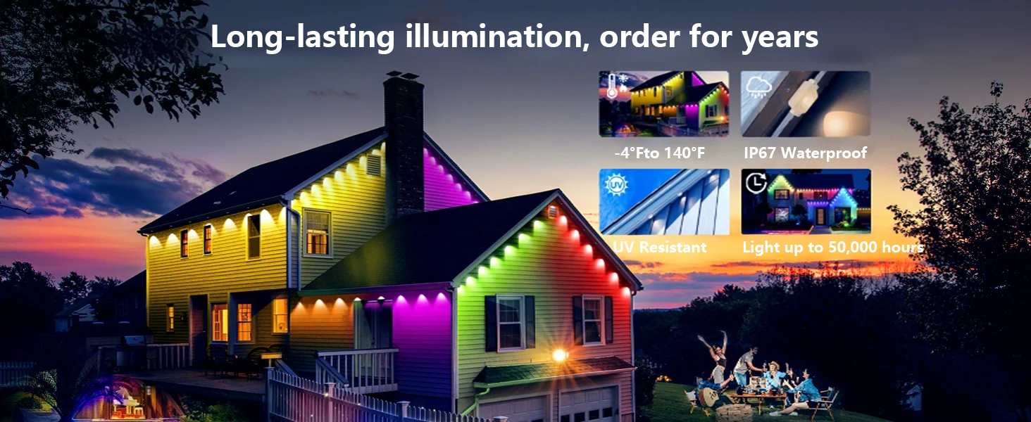 150ft 100ft 50ft Permanent Outdoor Lights Smart RGBIC Outdoor Lights with 75 Scene Modes String Lights with 90 LEDs for Garden