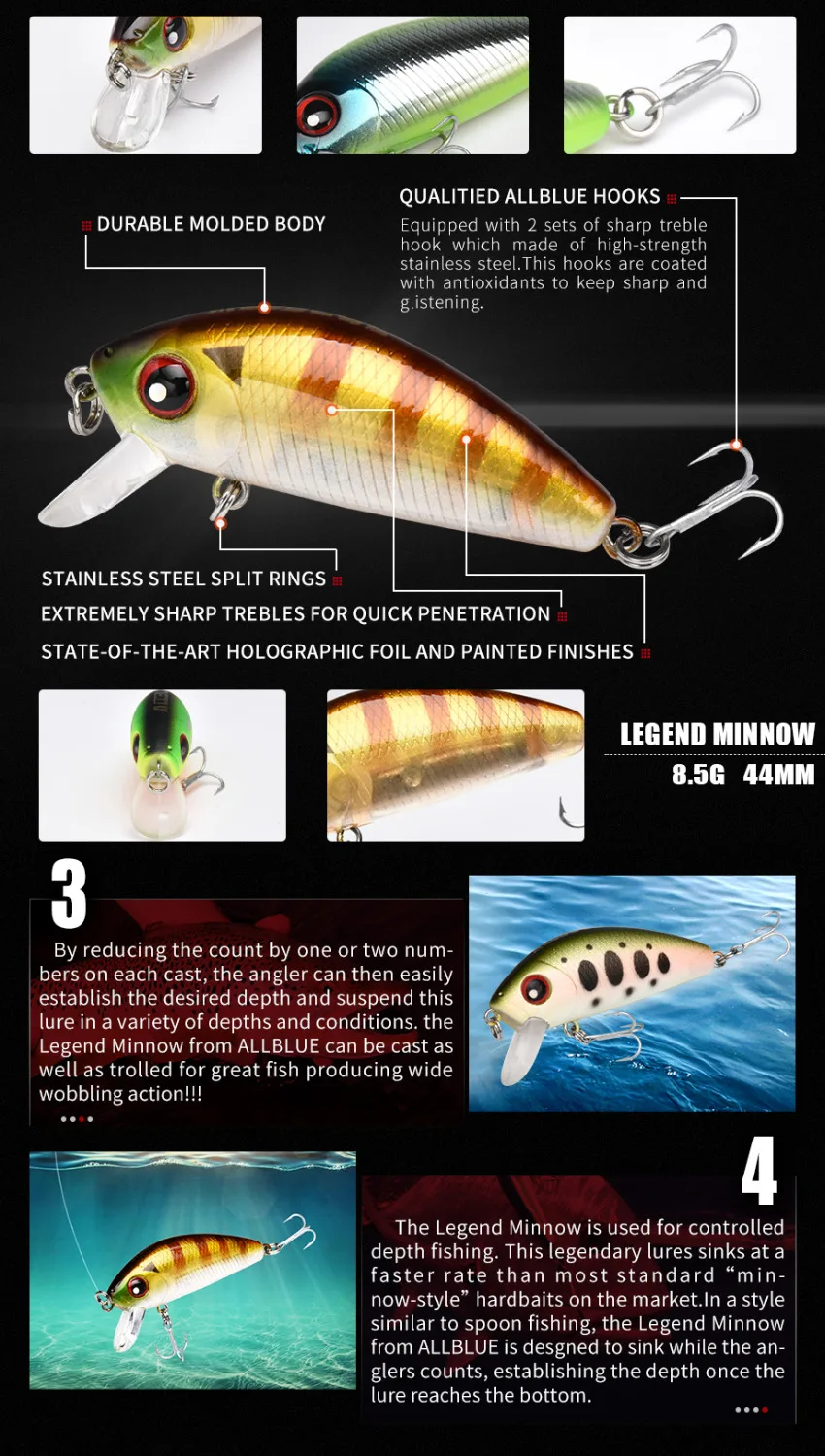 ALLBLUE New Legend Minnow 44mm Sinking Floating Mini Wobbler Fishing Lure Artificial Hard Bait Trout Crankbait Fishing Tackle