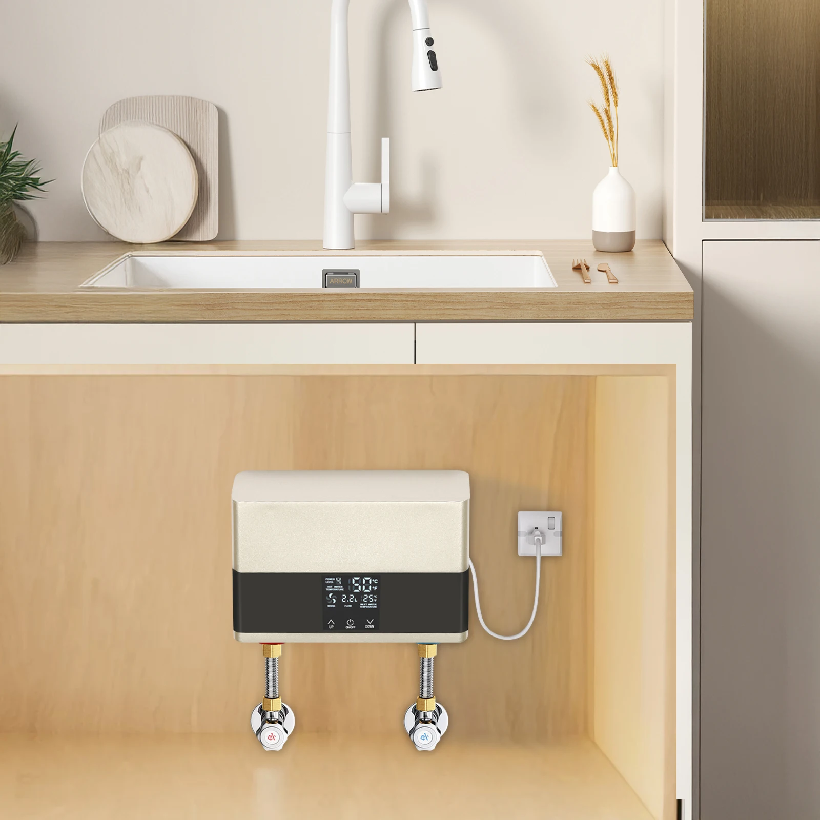 Smart Electric Water Heater, 1300-4000W Adjustable Power, Instant Hot Water, Touch Screen Temp Control, Remote Control