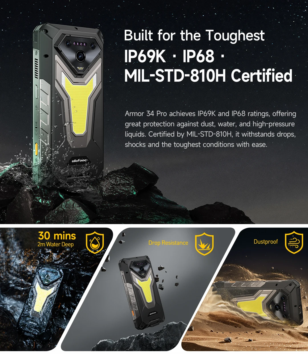 Ulefone Armor 34 Pro Plus 5G AI Rugged Phone 6.95" 25500mAh 32GB+512GB Built-in Projector 120Hz NFC Dimensity 7400X Smartphone