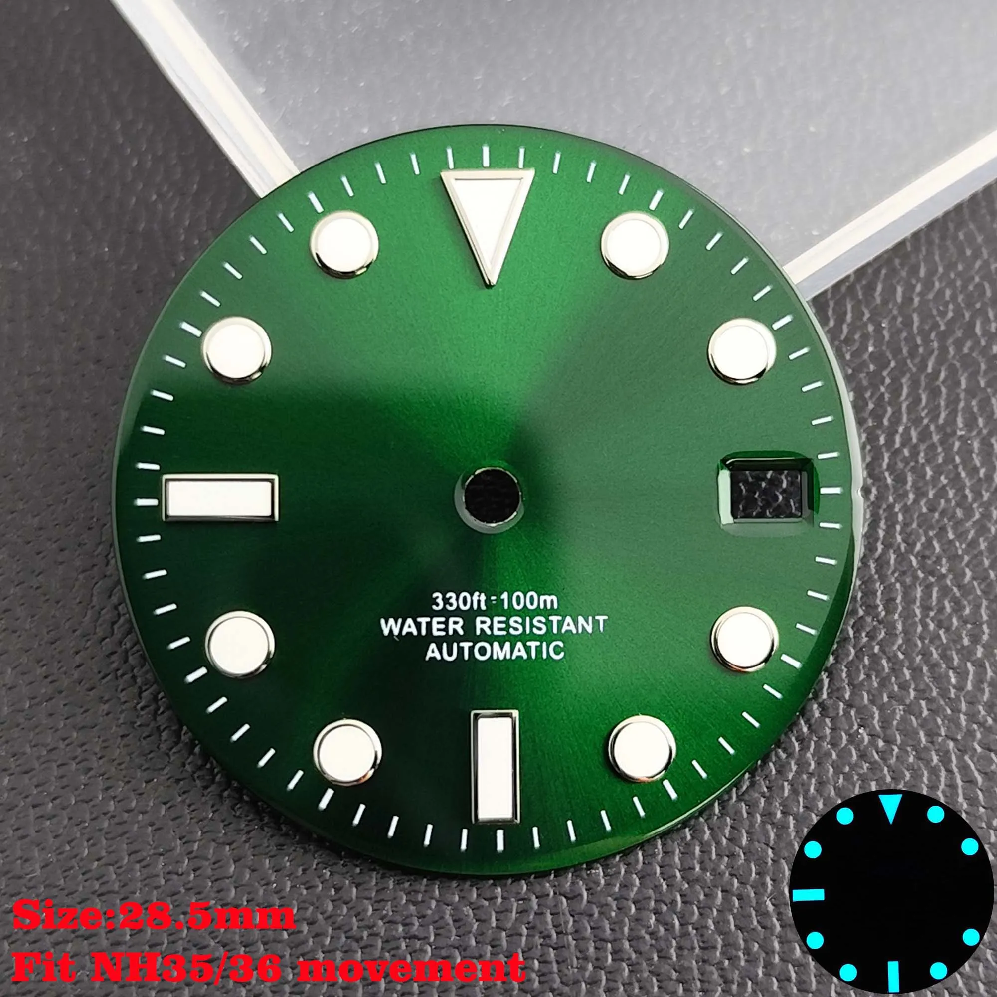 28.5mm Aseptic Dial Suitable for NH34/NH35/NH36 Movement Blue-Green Luminous Dial Replacement Part Watch Watches Dial