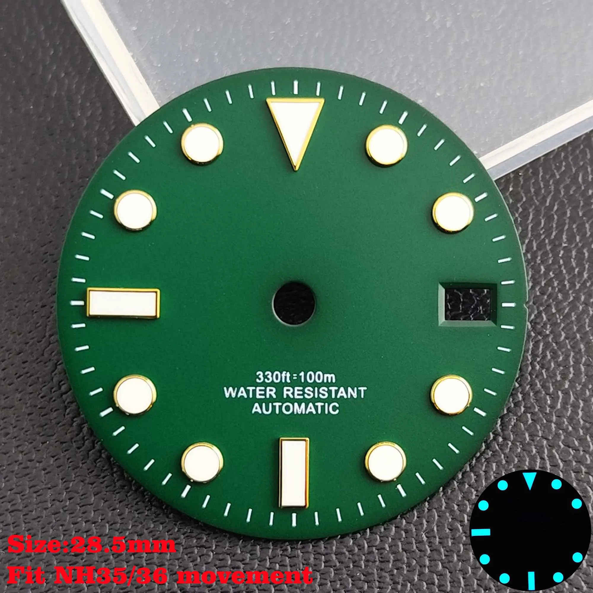 28.5mm Aseptic Dial Suitable for NH34/NH35/NH36 Movement Blue-Green Luminous Dial Replacement Part Watch Watches Dial