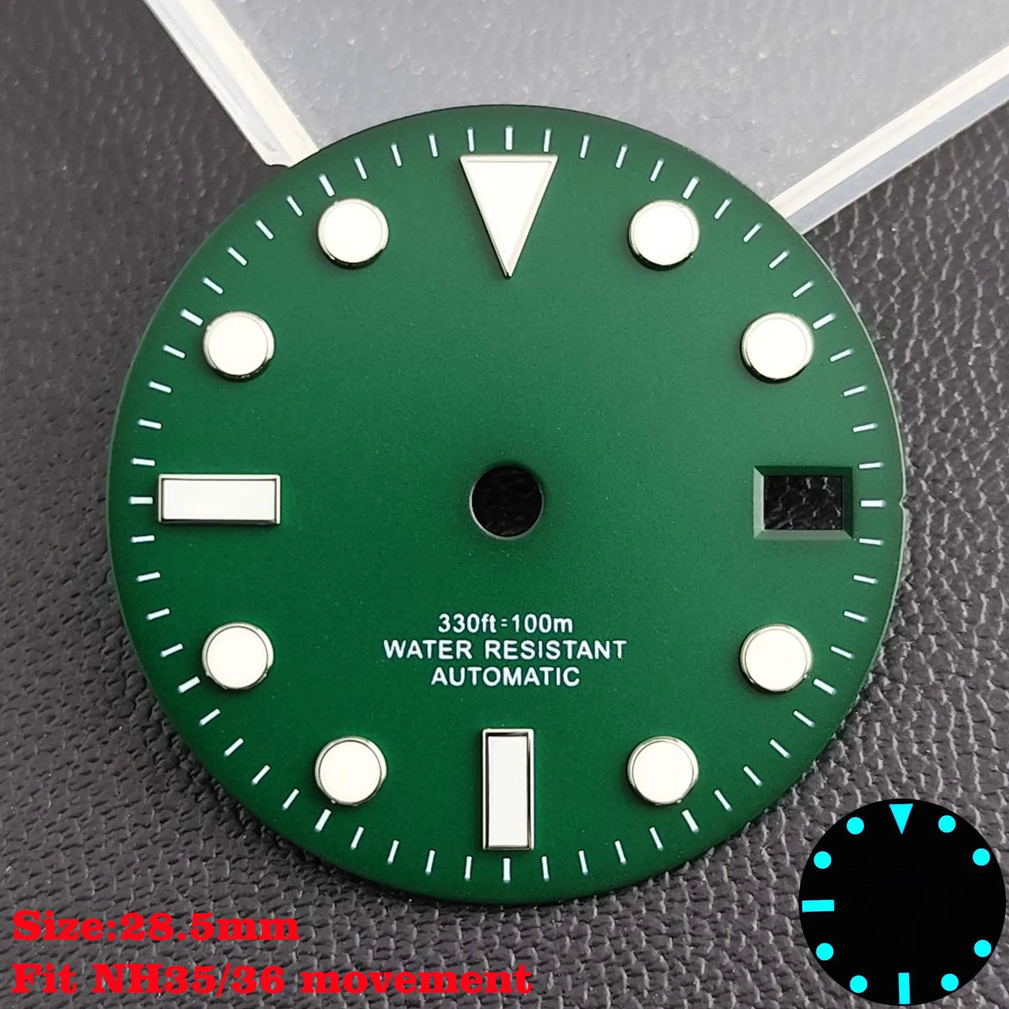 28.5mm Aseptic Dial Suitable for NH34/NH35/NH36 Movement Blue-Green Luminous Dial Replacement Part Watch Watches Dial