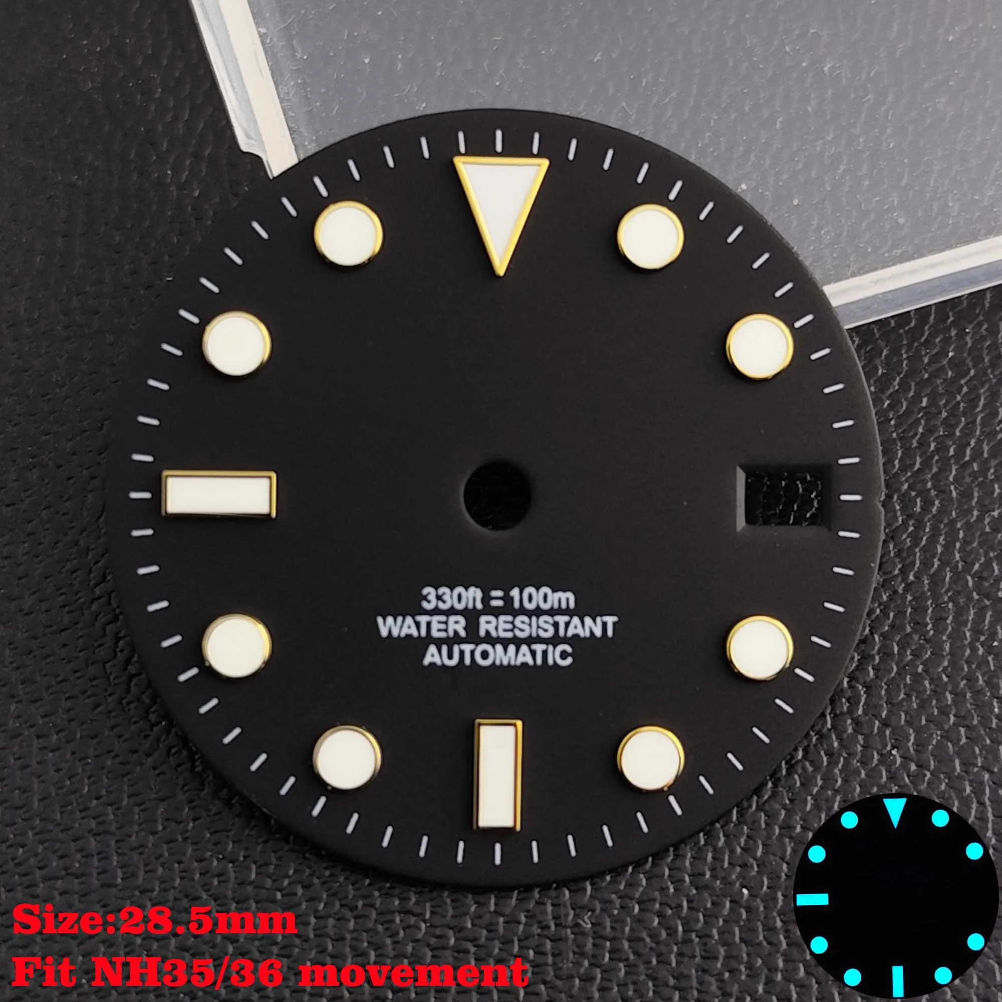 28.5mm Aseptic Dial Suitable for NH34/NH35/NH36 Movement Blue-Green Luminous Dial Replacement Part Watch Watches Dial