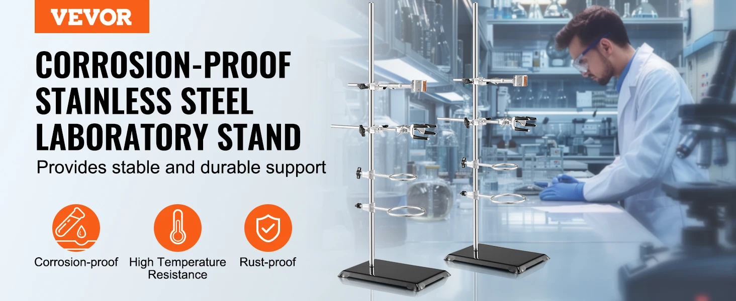 SucceBuy Lab Stand Support Laboratory Retort 2 Sets Steel Lab Stand 23.6" Rod Includes Flask Clamps Burette Clamps&Cross Clamps