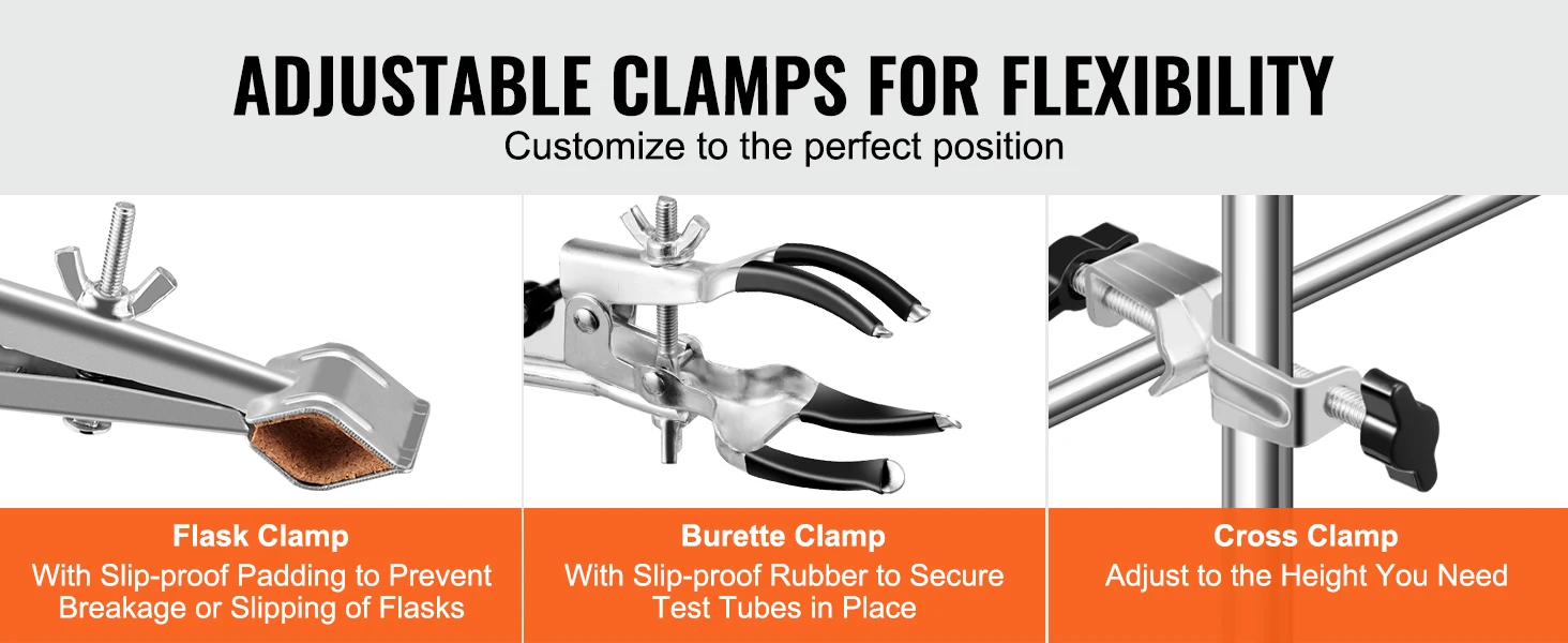 SucceBuy Lab Stand Support Laboratory Retort 2 Sets Steel Lab Stand 23.6" Rod Includes Flask Clamps Burette Clamps&Cross Clamps