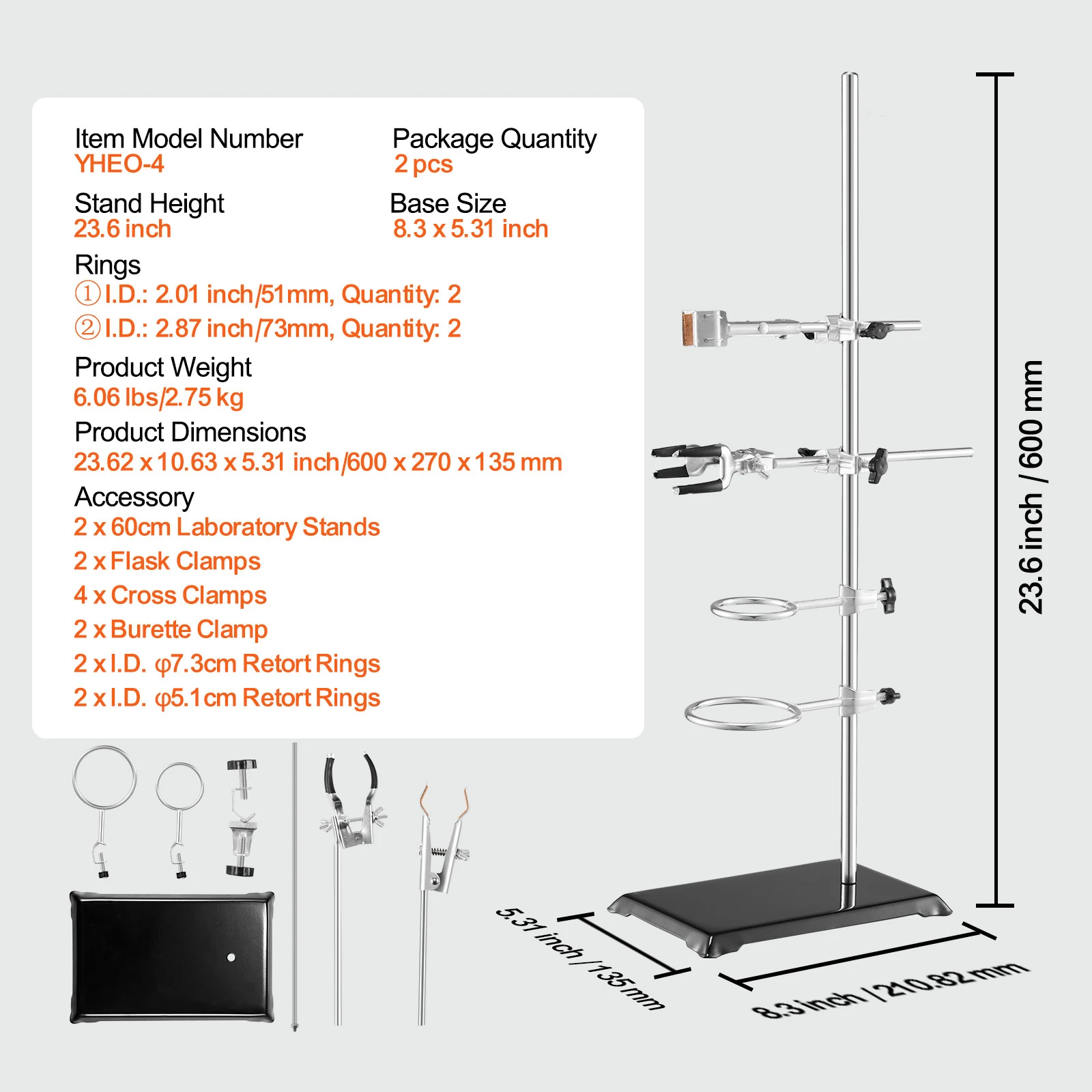 SucceBuy Lab Stand Support Laboratory Retort 2 Sets Steel Lab Stand 23.6" Rod Includes Flask Clamps Burette Clamps&Cross Clamps