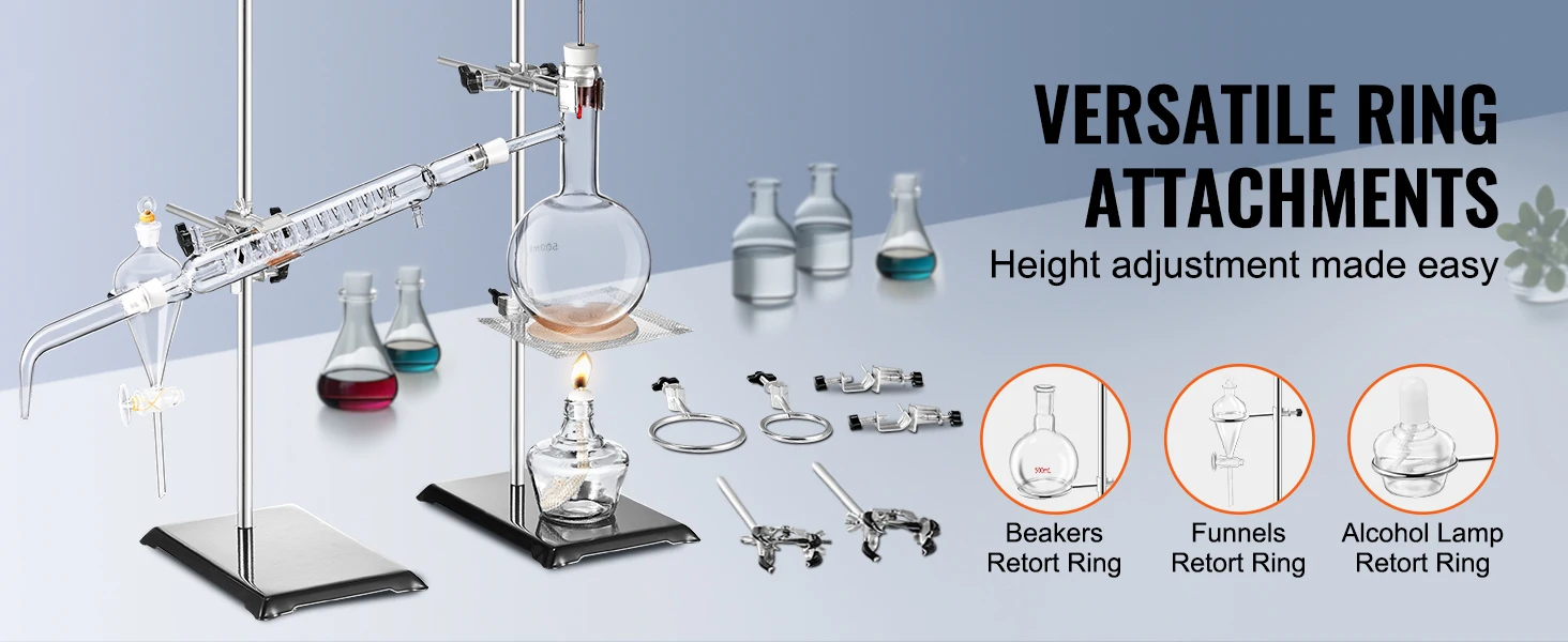 SucceBuy Lab Stand Support Laboratory Retort 2 Sets Steel Lab Stand 23.6" Rod Includes Flask Clamps Burette Clamps&Cross Clamps