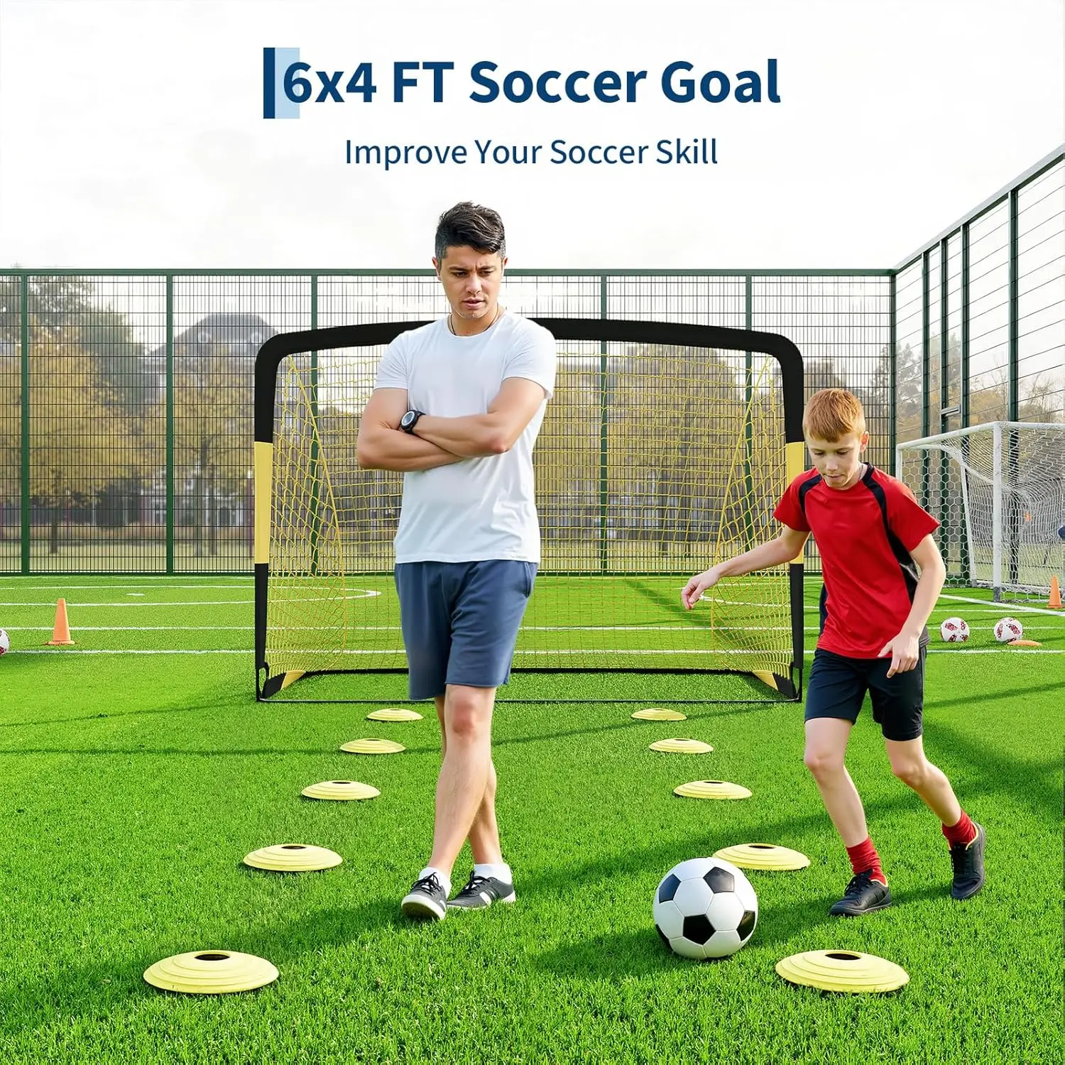 Heavy Duty Portable Soccer Goal for Backyard Beach, Metal Frame Mesh Collapsible Soccer Rebounder Net Football Trainer w/ Bag