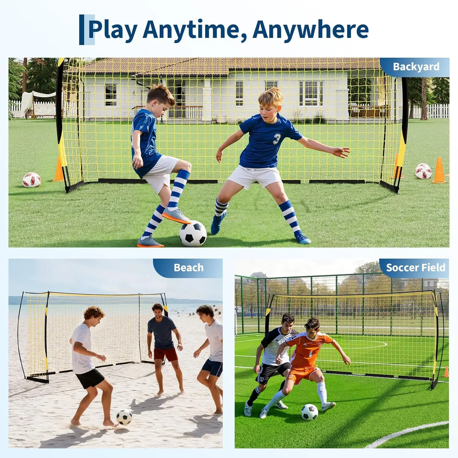 Heavy Duty Portable Soccer Goal for Backyard Beach, Metal Frame Mesh Collapsible Soccer Rebounder Net Football Trainer w/ Bag
