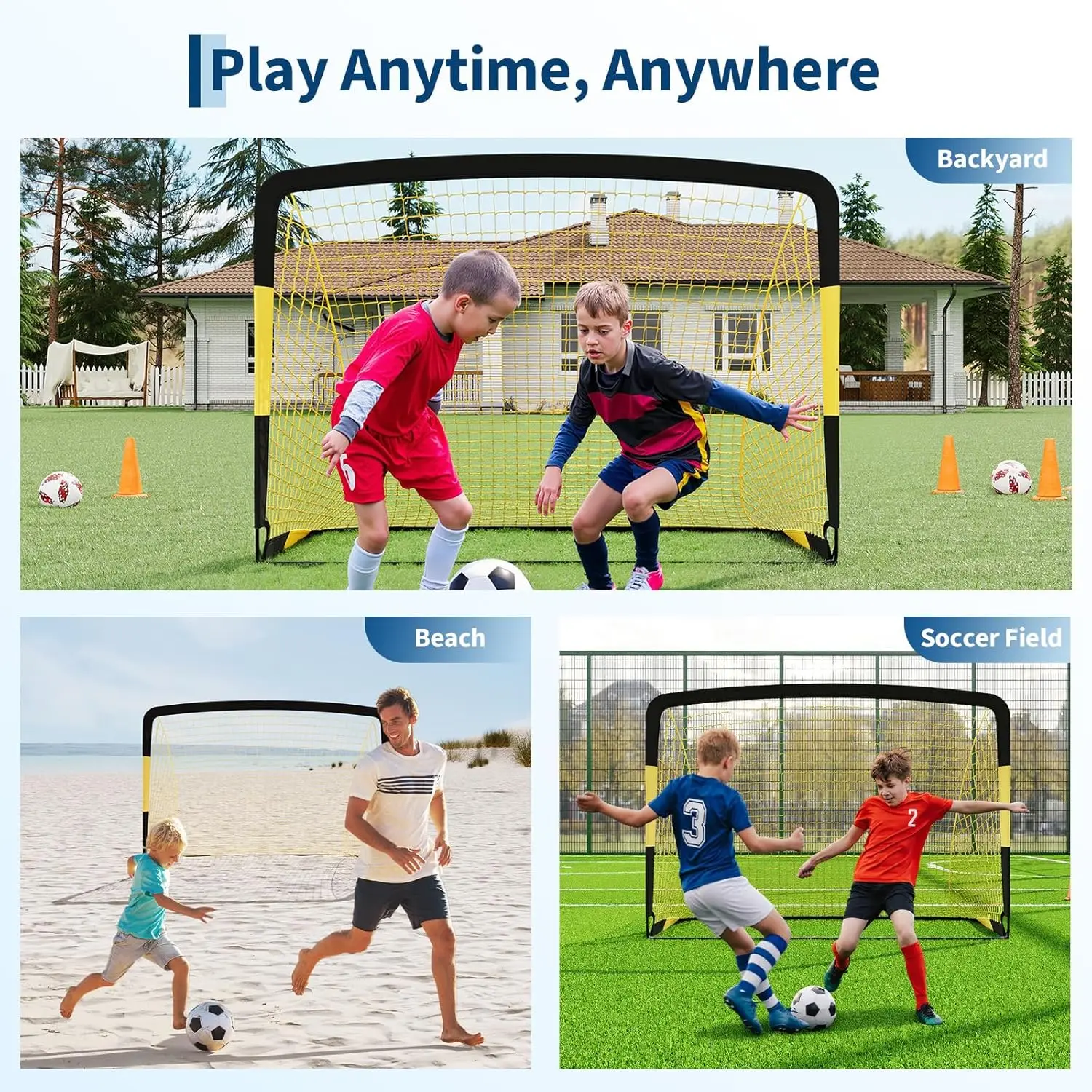 Heavy Duty Portable Soccer Goal for Backyard Beach, Metal Frame Mesh Collapsible Soccer Rebounder Net Football Trainer w/ Bag