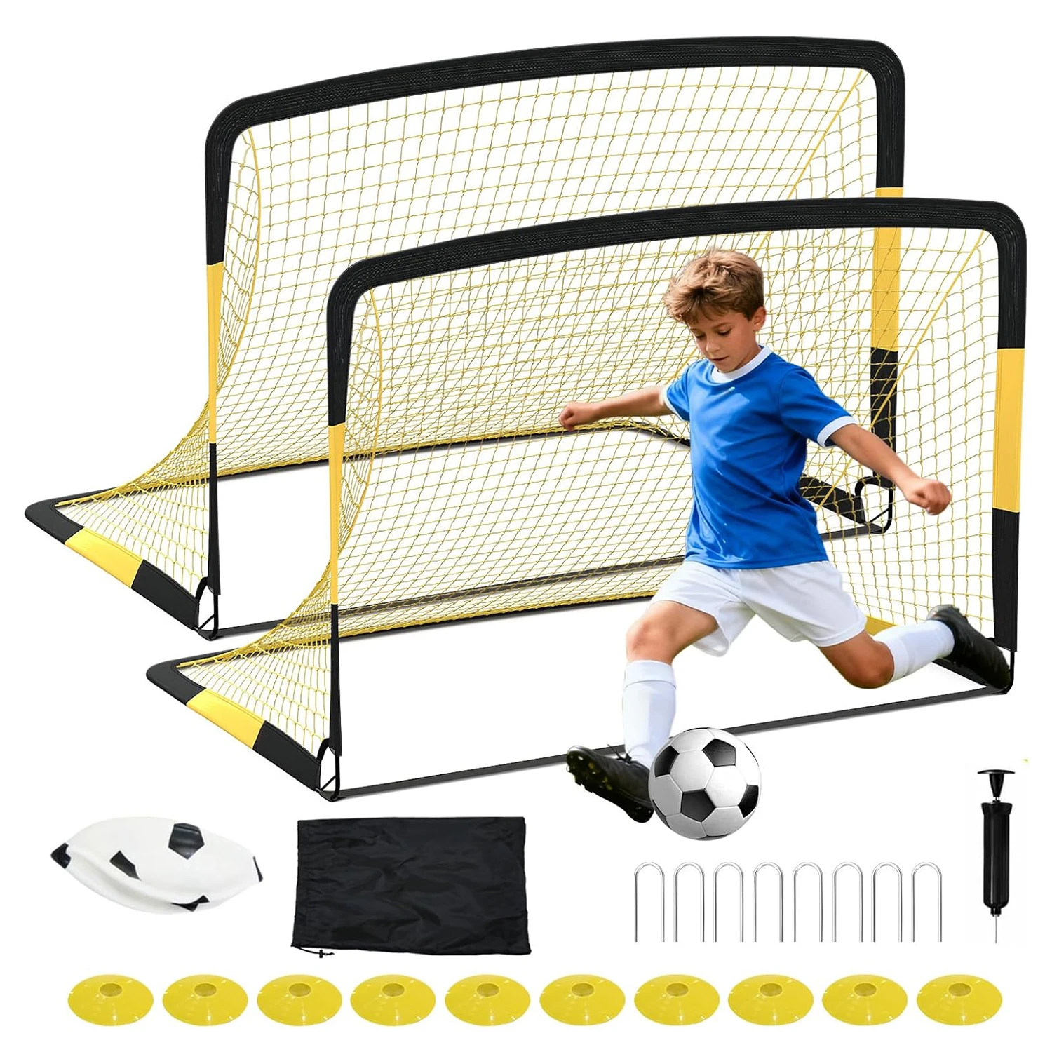 Heavy Duty Portable Soccer Goal for Backyard Beach, Metal Frame Mesh Collapsible Soccer Rebounder Net Football Trainer w/ Bag