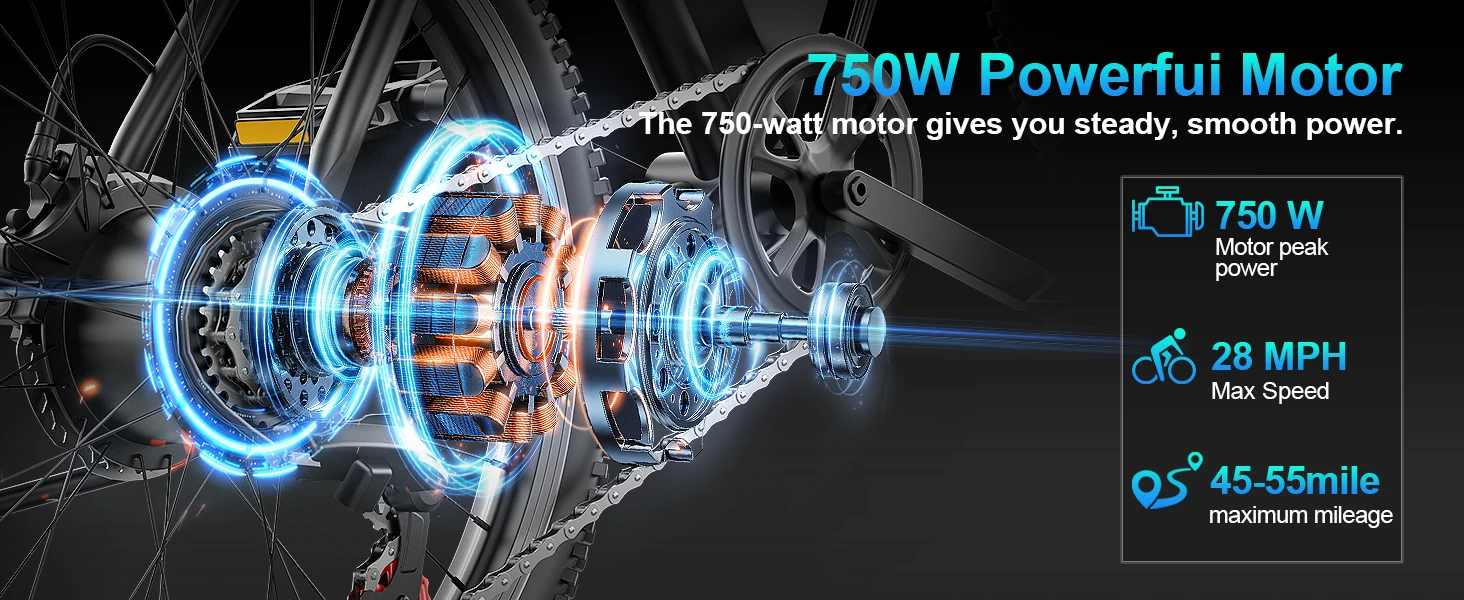 750W Adult Electric Bike, 48V10.4AH Electric Mountain Bike, 7-speed Variable Speed E Bike, 28MPH All-terrain Electric Bike