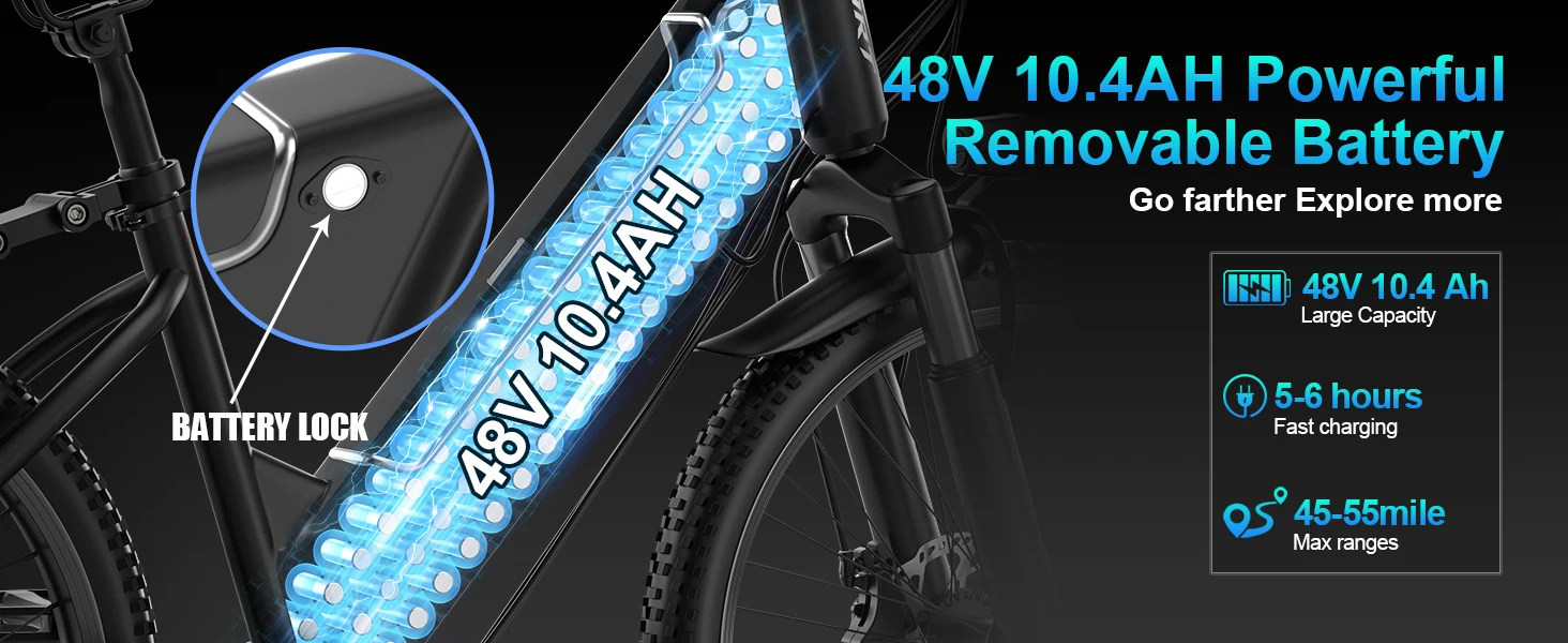 750W Adult Electric Bike, 48V10.4AH Electric Mountain Bike, 7-speed Variable Speed E Bike, 28MPH All-terrain Electric Bike