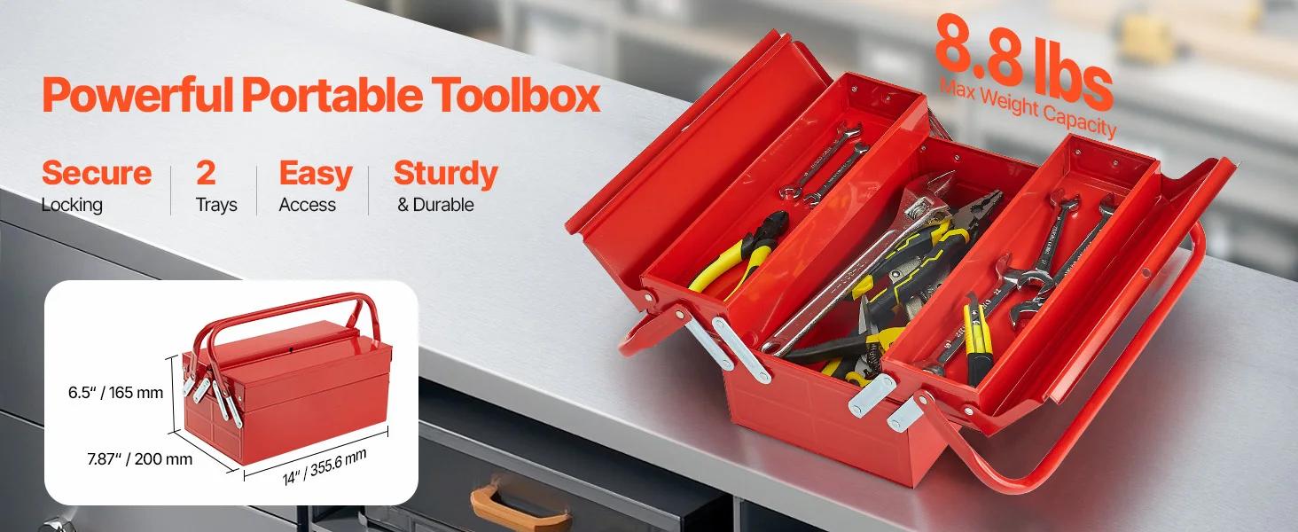 SucceBuy Metal Tool Box 2-Tier 3-Tray Portable Folding Tool Chest Organizer with Handle & Lock Toolbox for Factory Repair Shop
