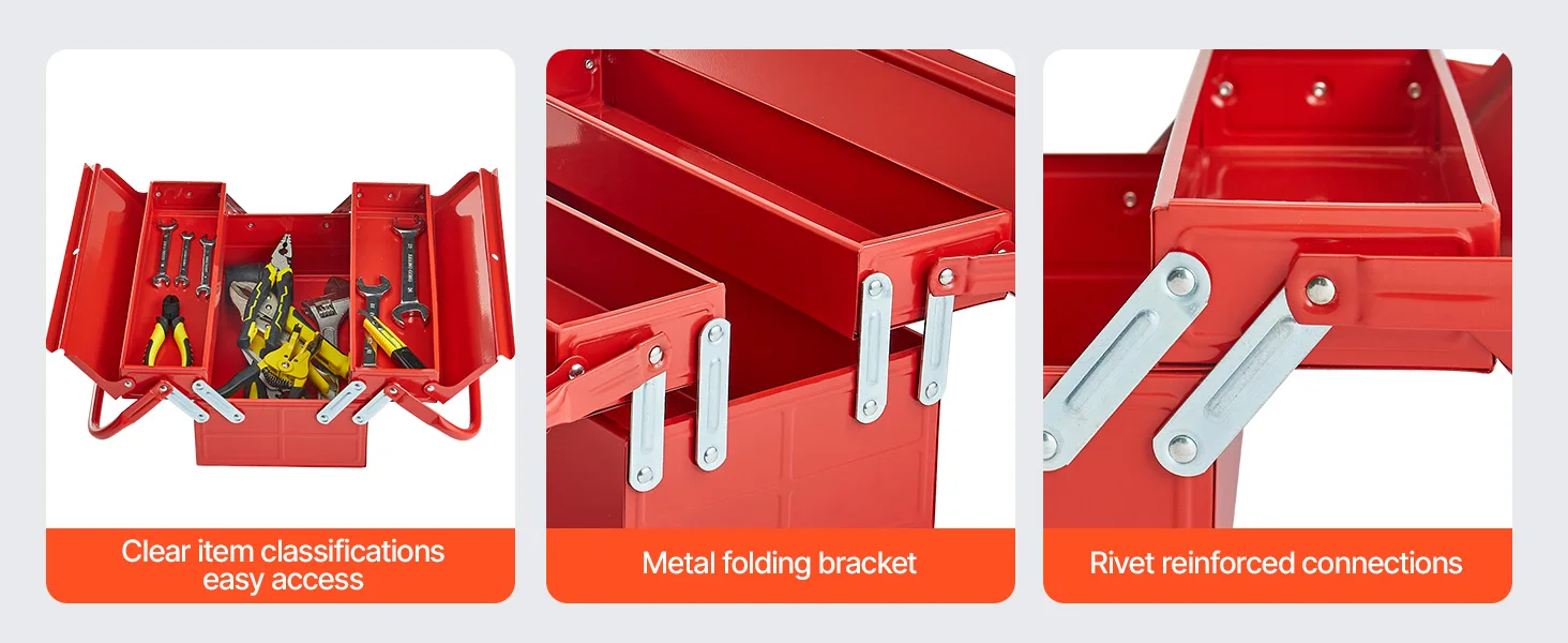 SucceBuy Metal Tool Box 2-Tier 3-Tray Portable Folding Tool Chest Organizer with Handle & Lock Toolbox for Factory Repair Shop