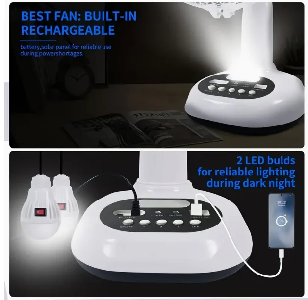 1pcs 12 inch 14400mAh Battery Capacity Portable Solar Charging Fan with 2 Bulbs with LED Lighting and USB Phone Charging