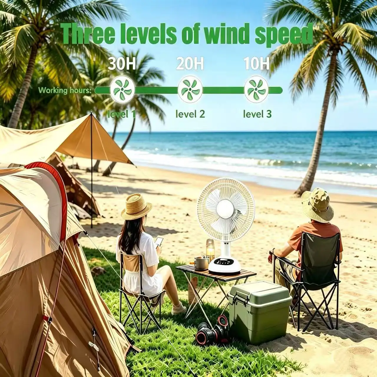 1pcs 12 inch 14400mAh Battery Capacity Portable Solar Charging Fan with 2 Bulbs with LED Lighting and USB Phone Charging