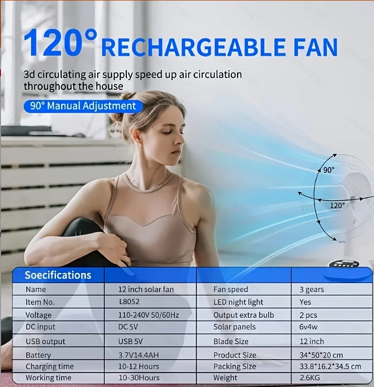 1pcs 12 inch 14400mAh Battery Capacity Portable Solar Charging Fan with 2 Bulbs with LED Lighting and USB Phone Charging