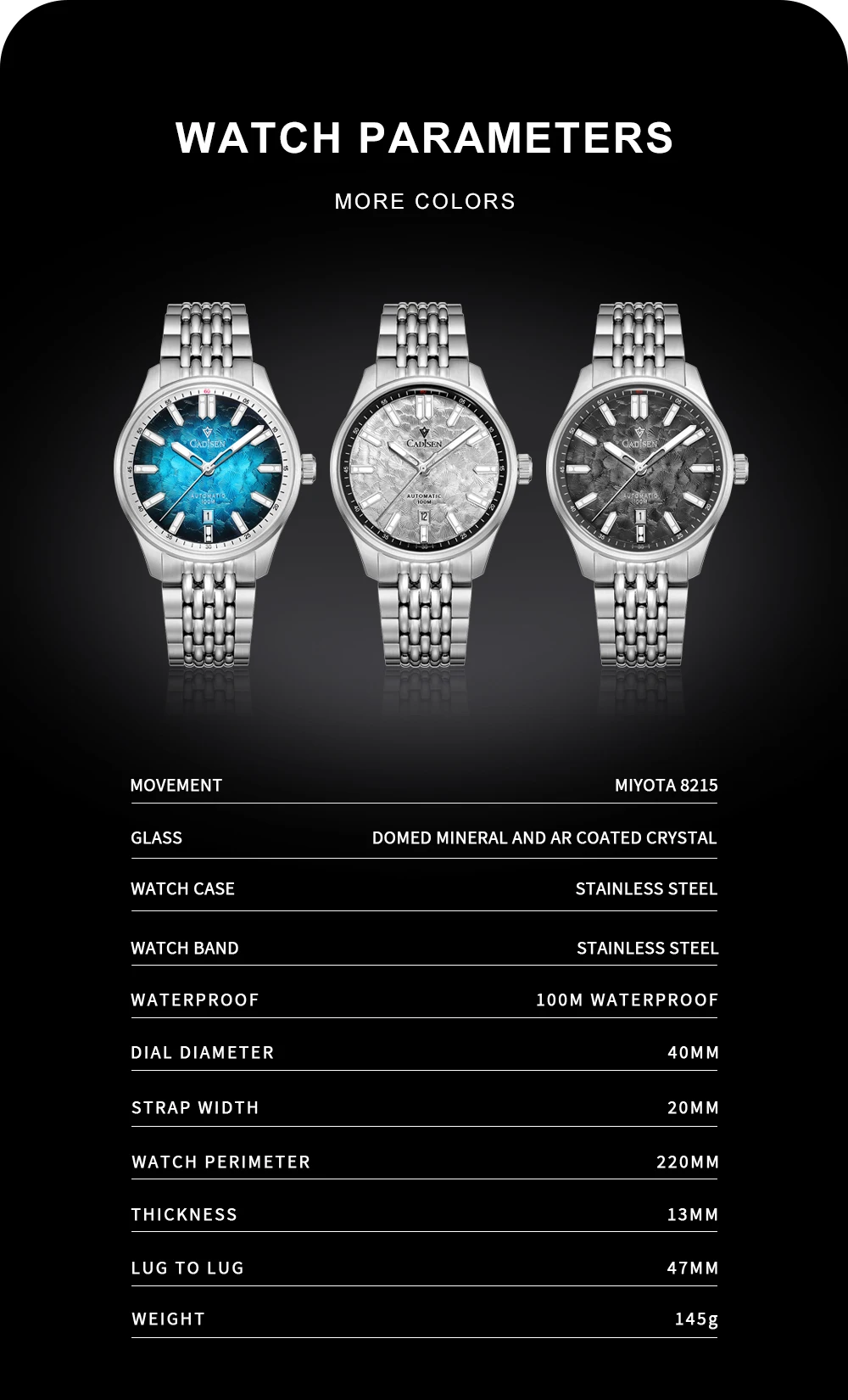 CADISEN NEW Automatic Mechanical Watch Man Silver Business Casual 10ATM Waterproof Japan MIYOTA 8215 Movement Men's Watches