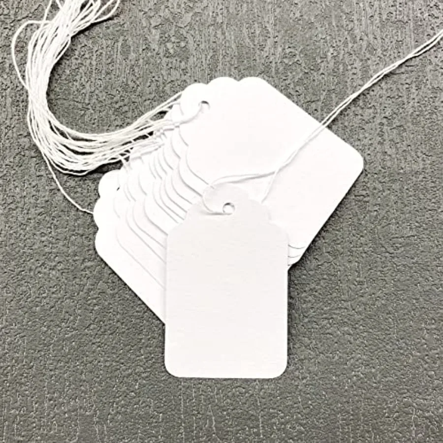 100 Marking Tags - White Price Tags with String Display Labels for Jewelry 2.75 x 1.57 Inches Lightweight Plastic Clear Visibil