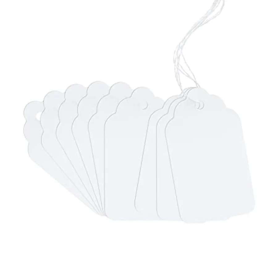 100 Marking Tags - White Price Tags with String Display Labels for Jewelry 2.75 x 1.57 Inches Lightweight Plastic Clear Visibil