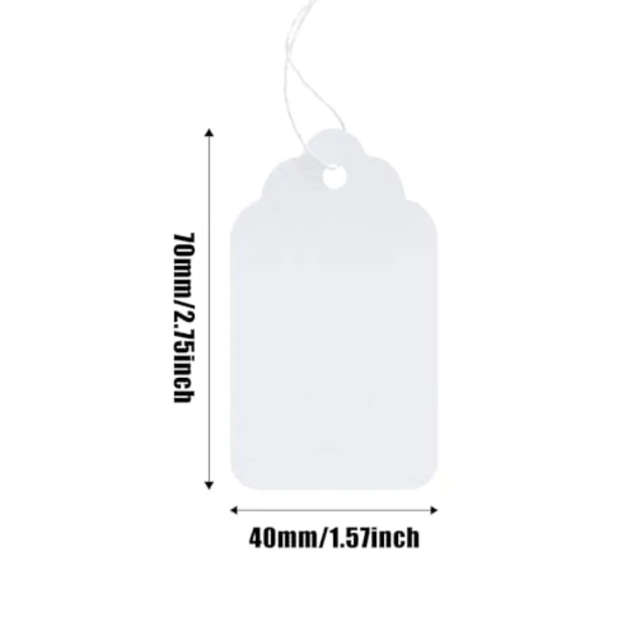 100 Marking Tags - White Price Tags with String Display Labels for Jewelry 2.75 x 1.57 Inches Lightweight Plastic Clear Visibil