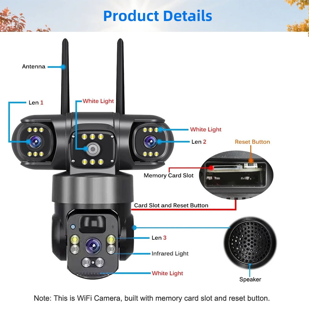 9MP Full HD Solar WiFi Camera 3 Screen 3 Lens 10X Zoom PIR Human Detect Camera Surveillance Night Vision Security Protection