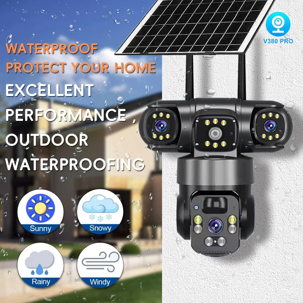 9MP Full HD Solar WiFi Camera 3 Screen 3 Lens 10X Zoom PIR Human Detect Camera Surveillance Night Vision Security Protection