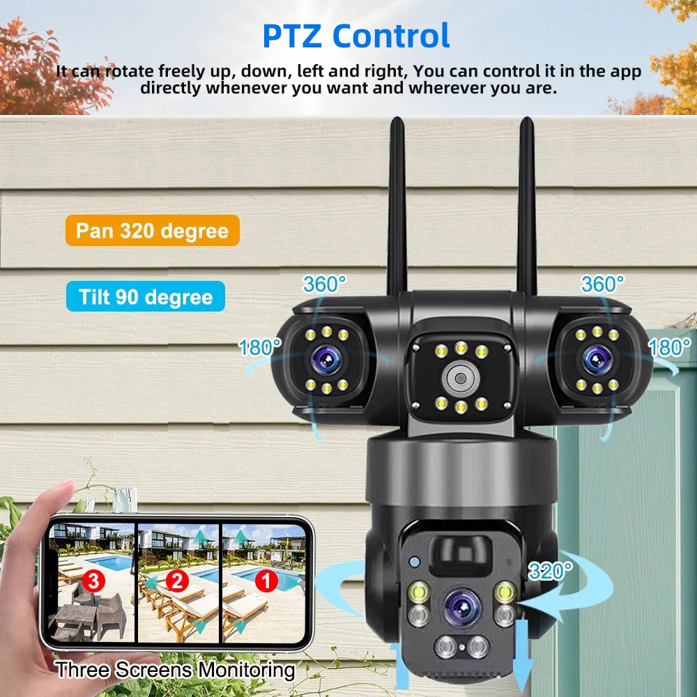 9MP Full HD Solar WiFi Camera 3 Screen 3 Lens 10X Zoom PIR Human Detect Camera Surveillance Night Vision Security Protection