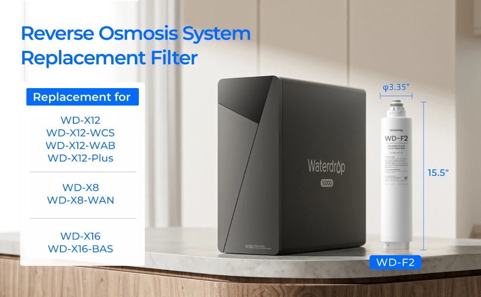 Waterdrop F2 Filter, Replacement for X8/X12/X16 RO System, 6-Month Lifetime | Long Filter Lifespan, Enhanced Filtration, [ NOT for X8PRO & X12PRO ]