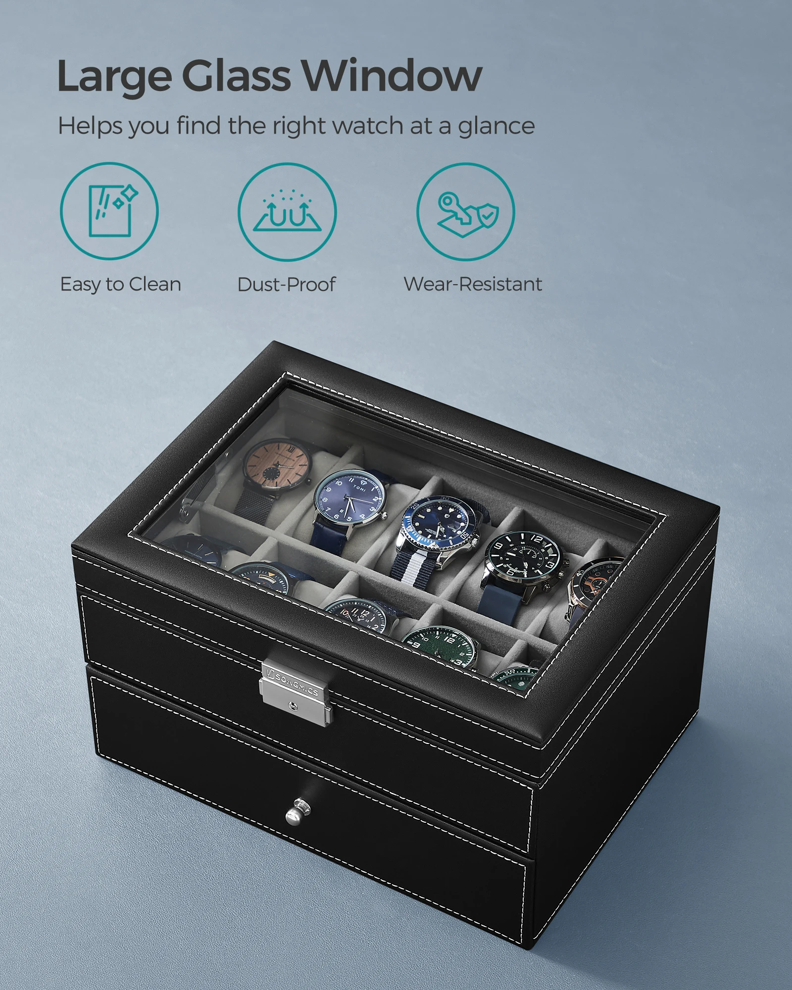 SONGMICSHOME Watch Box Black Synthetic Leather 20-Slot Watch Case with Glass Lid 2 Layers Lockable Watch Display Case