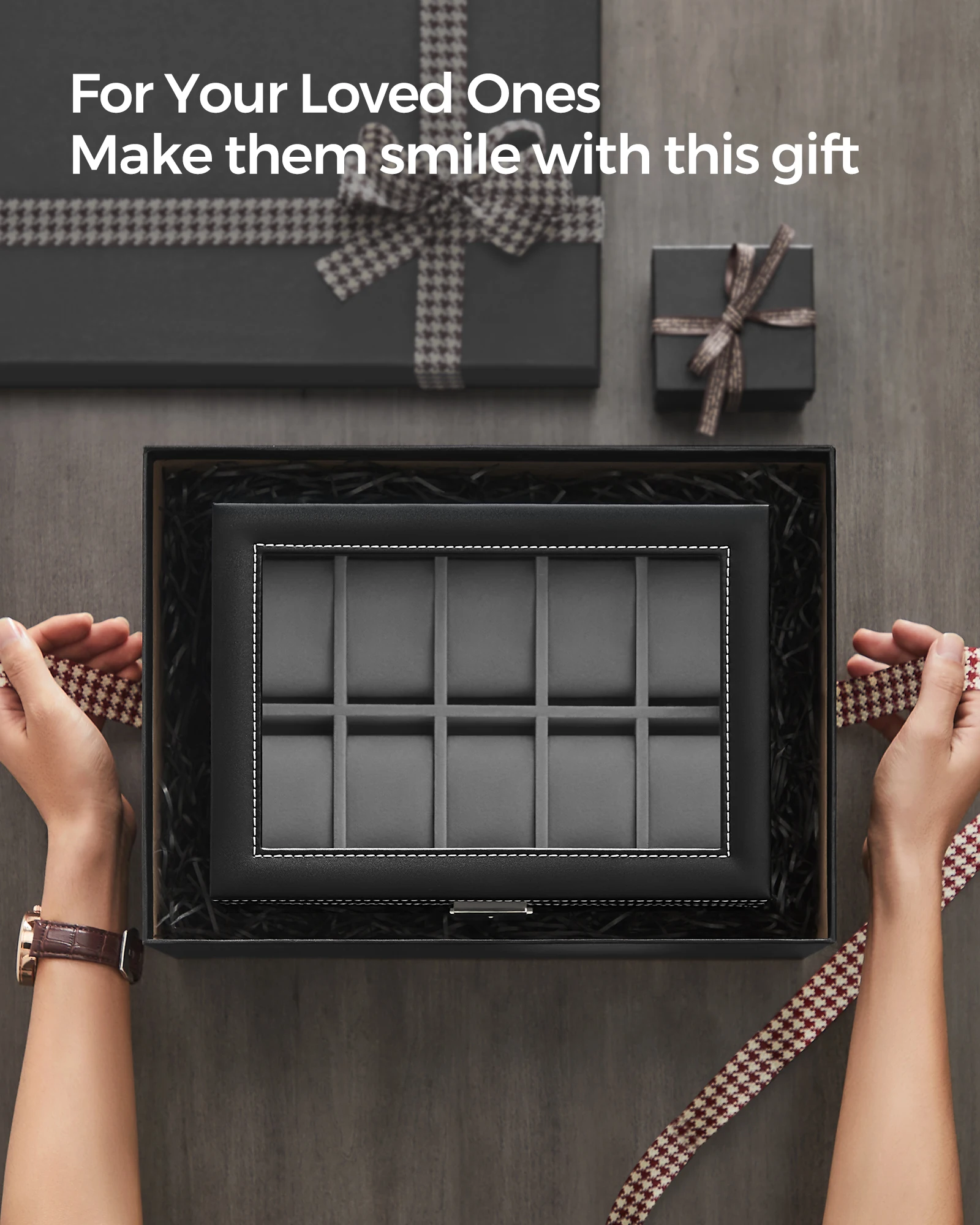 SONGMICSHOME Watch Box Black Synthetic Leather 20-Slot Watch Case with Glass Lid 2 Layers Lockable Watch Display Case