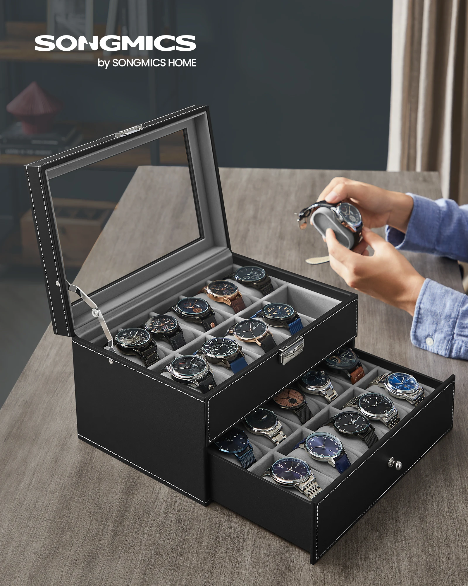 SONGMICSHOME Watch Box Black Synthetic Leather 20-Slot Watch Case with Glass Lid 2 Layers Lockable Watch Display Case